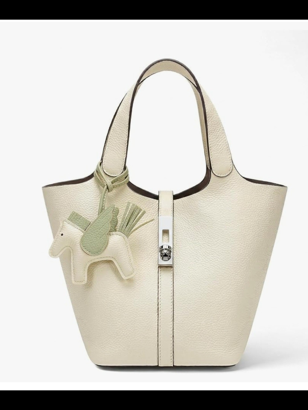 Cream Leather Tote Bag with Green Charm - Women Bags